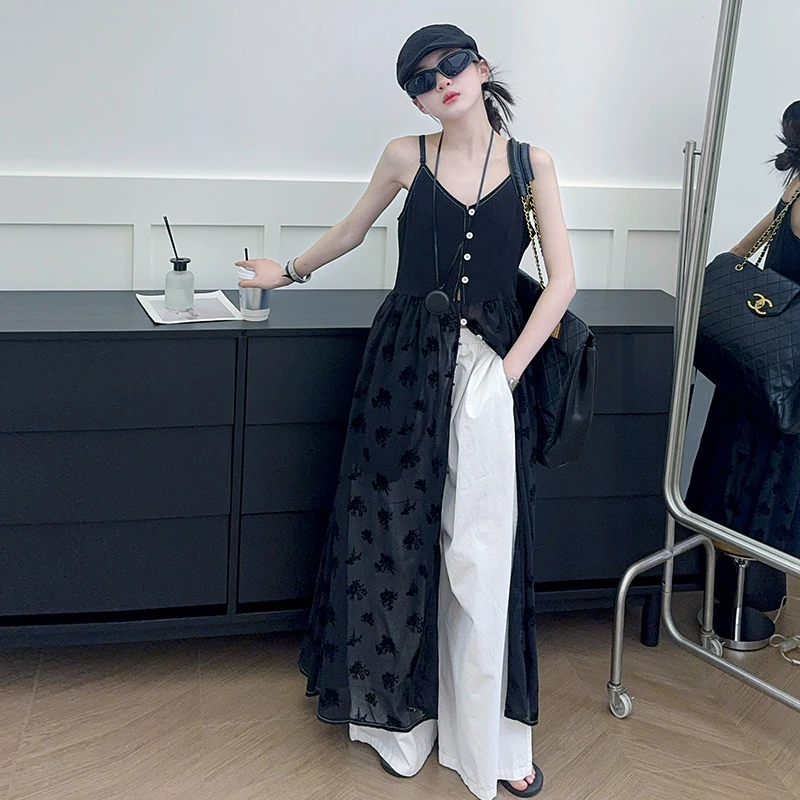 女童套装法式小众吊带黑色波点连衣裙白色阔腿裤2025夏季中大童新