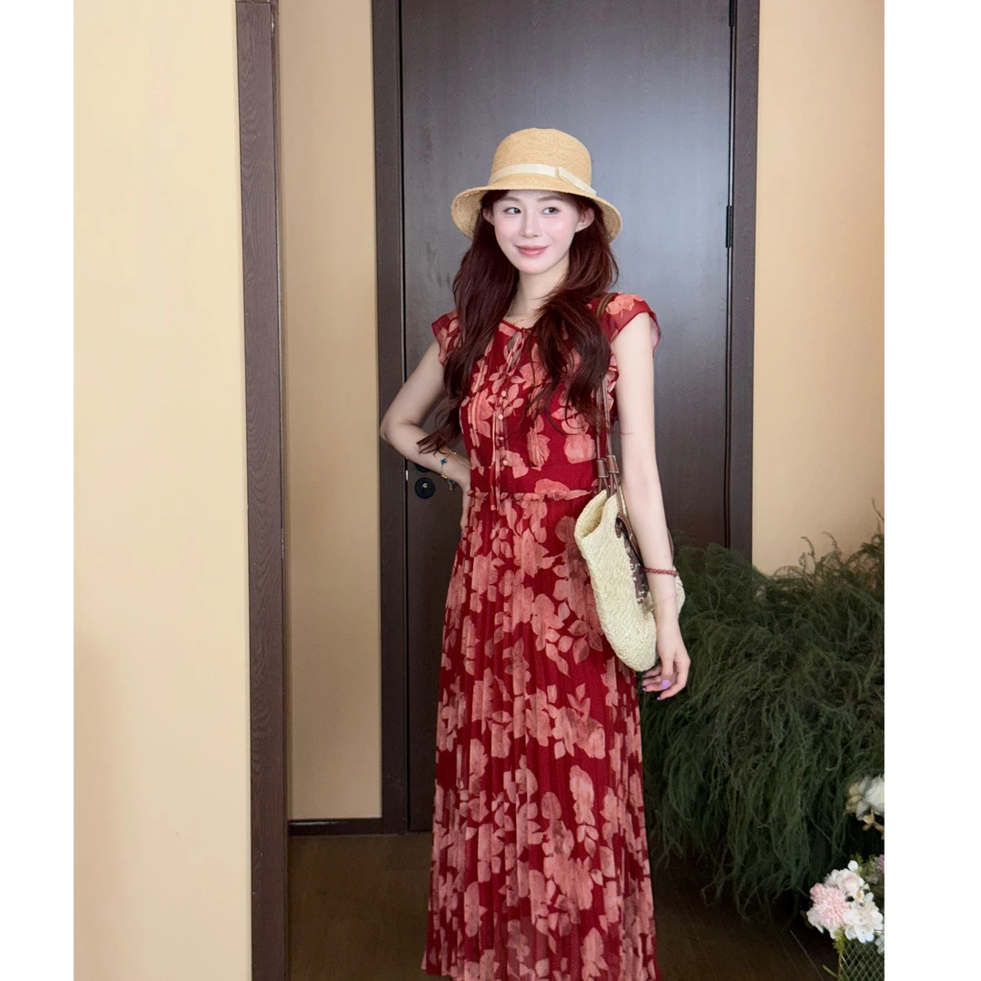 1【微醺野莓】压皱 气质 休闲 花朵 美静 红色连衣裙XMZH7672