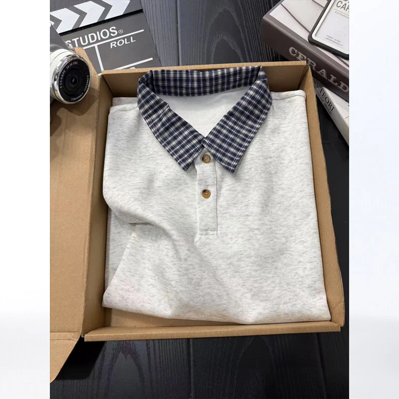 美式格子拼接假两件短袖polo衫男女款夏季重磅翻领T恤学院风半袖