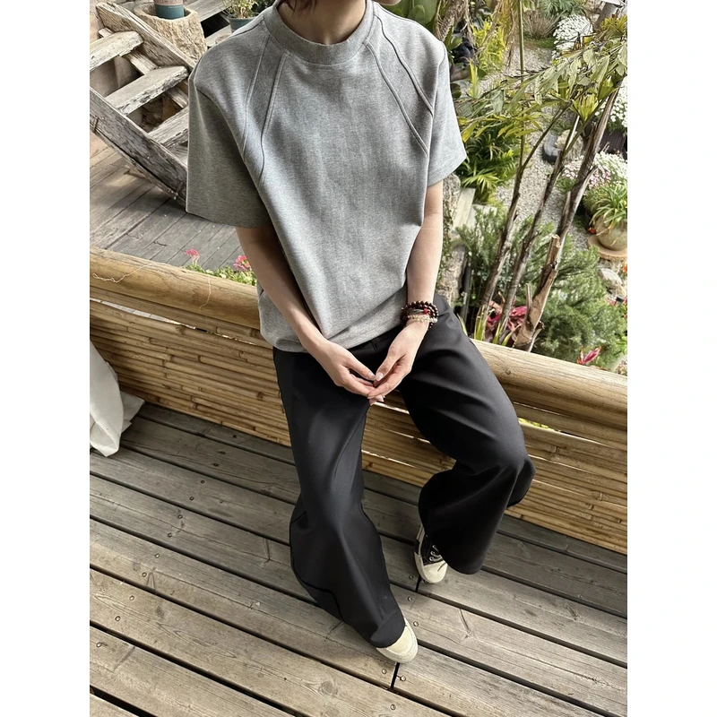 美式cleanfit重磅260g太空棉正肩短袖夏季解构拼接设计高级感男装