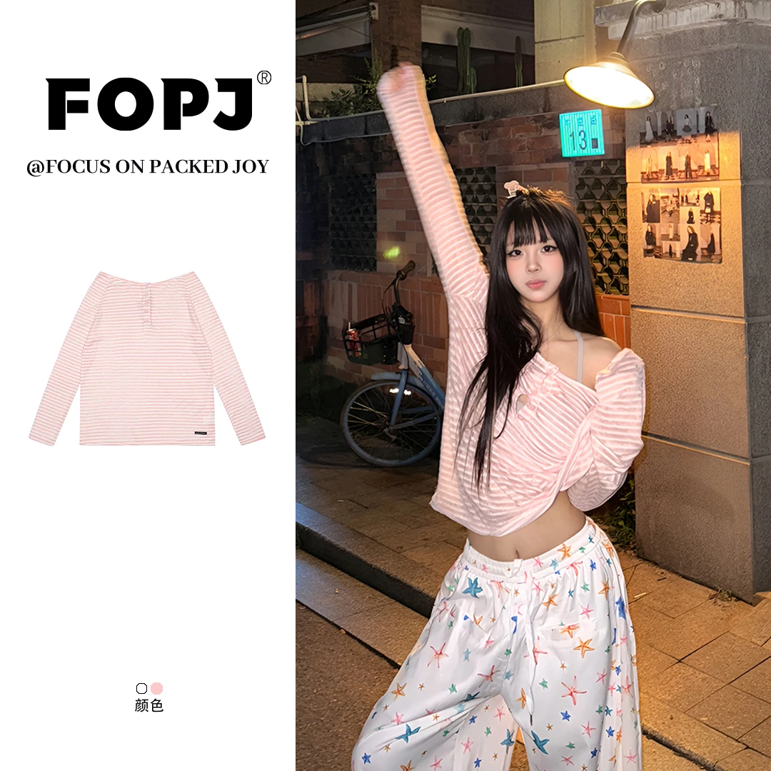 FOPJ韩系少女风薄款条纹防晒罩衫女长袖t恤设计宽松百搭辣妹上衣