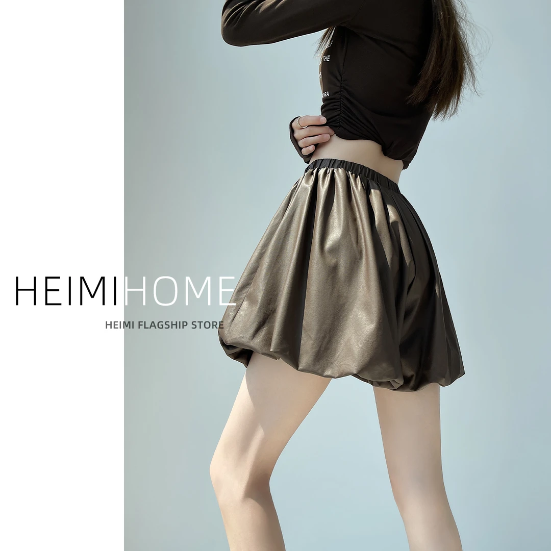 美拉德风咖色花苞裤裙女秋冬季高腰PU皮阔腿靴裤小个子蓬蓬短裤裙