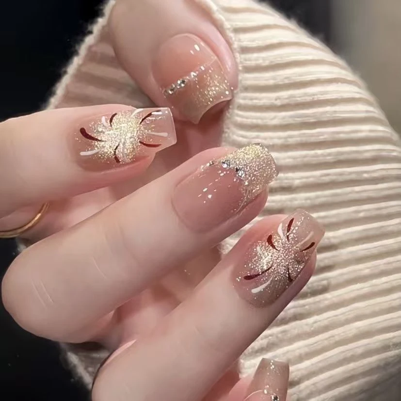 纯手工穿戴甲成品中长款烟花春夏新款猫眼气质美甲显白可拆卸手绘