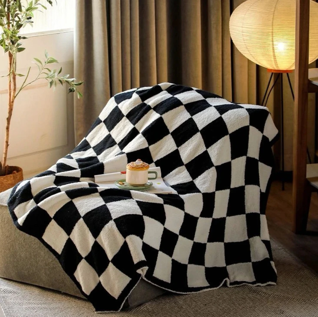 黑白棋盘格毛毯北欧ins风沙发毯子半边绒盖毯轻奢沙发午睡盖毯