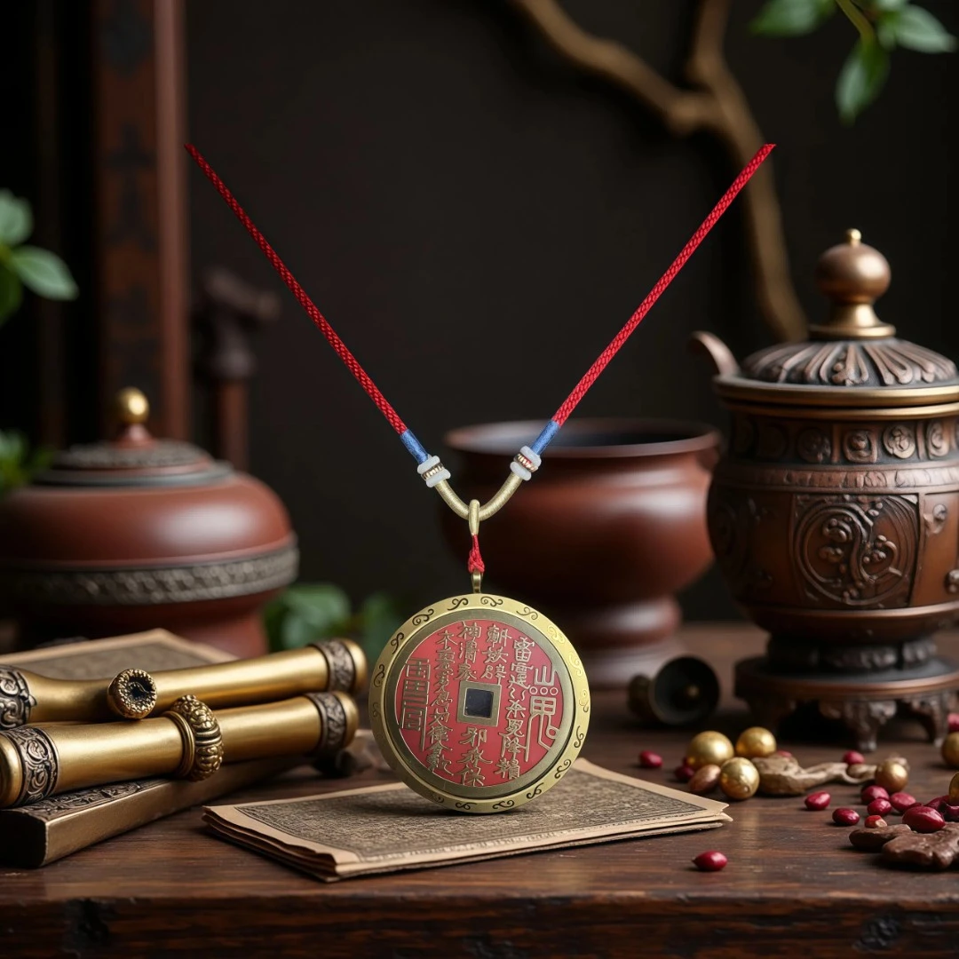 铜制山鬼花钱朱砂辟邪符咒雷霆风水挂件平安护身符