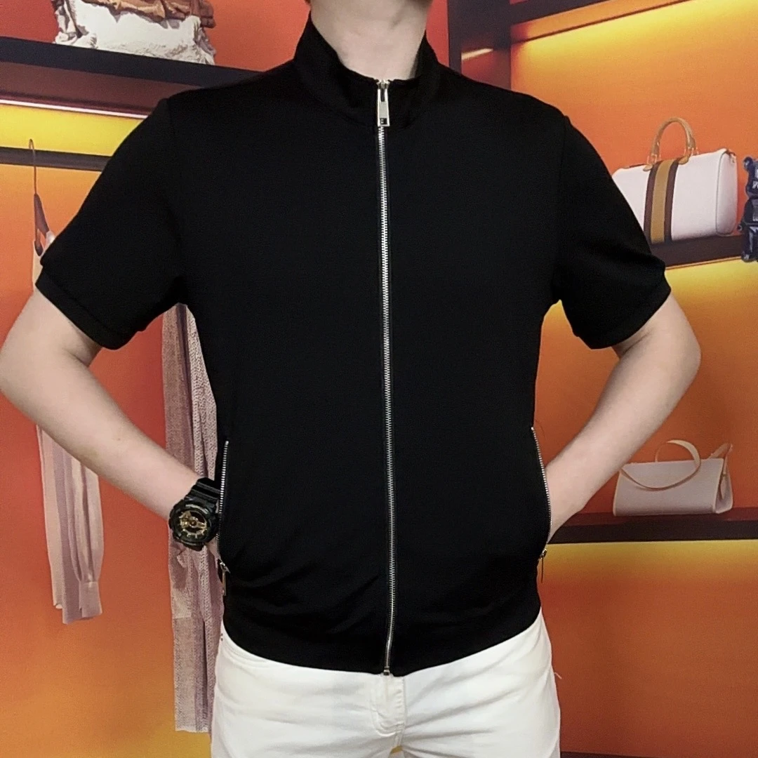 yjfs欧品【顺丰包邮】夏季男士高品质立领短袖开衫纯色百搭休闲男75