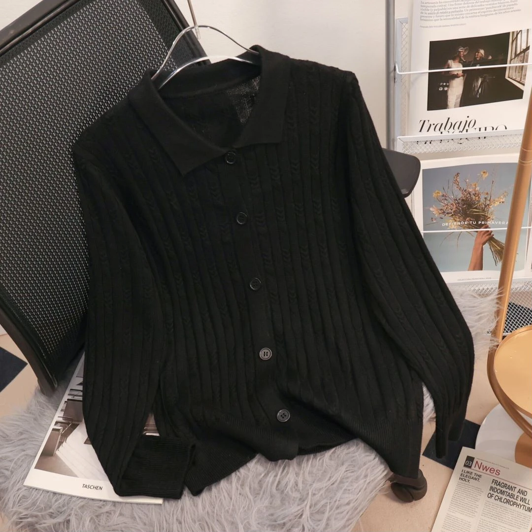 衬衫领纯色麻花针织开衫