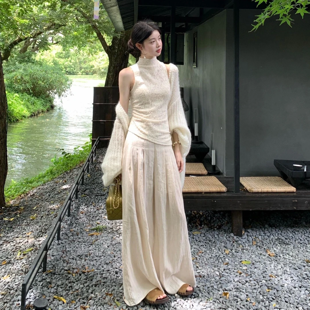 温柔风套装慵懒长袖针织开衫纯欲吊带背心女秋季宽松休闲裤三件套