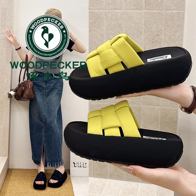啄木鸟厚底增高一字拖女外穿2025夏编织百搭休闲懒人一脚蹬凉拖鞋