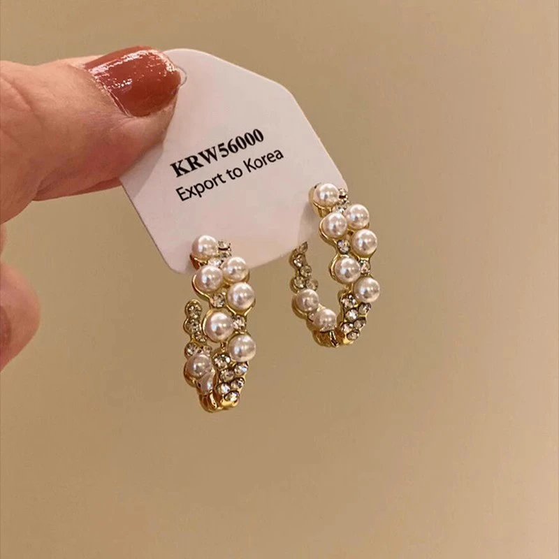 铜合金耳饰 适合圆脸的耳饰~气质珠珠耳圈轻奢高级感耳环春夏耳钉