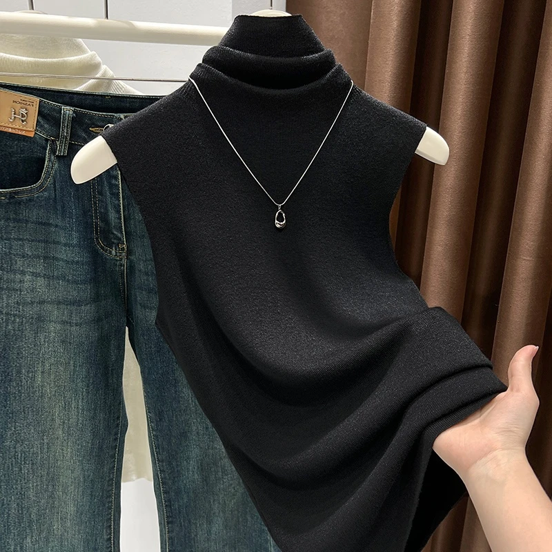 优雅气质修身无袖针织T恤2025新款高品质高领复古港风女士上衣潮