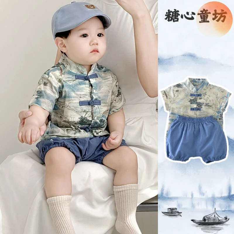 夏季新款婴儿男宝女宝夏季中国风短袖短裤套装新中式风格