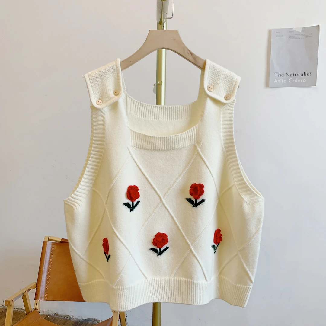 小红花C4818立体钩花菱格纽扣方领针织马甲