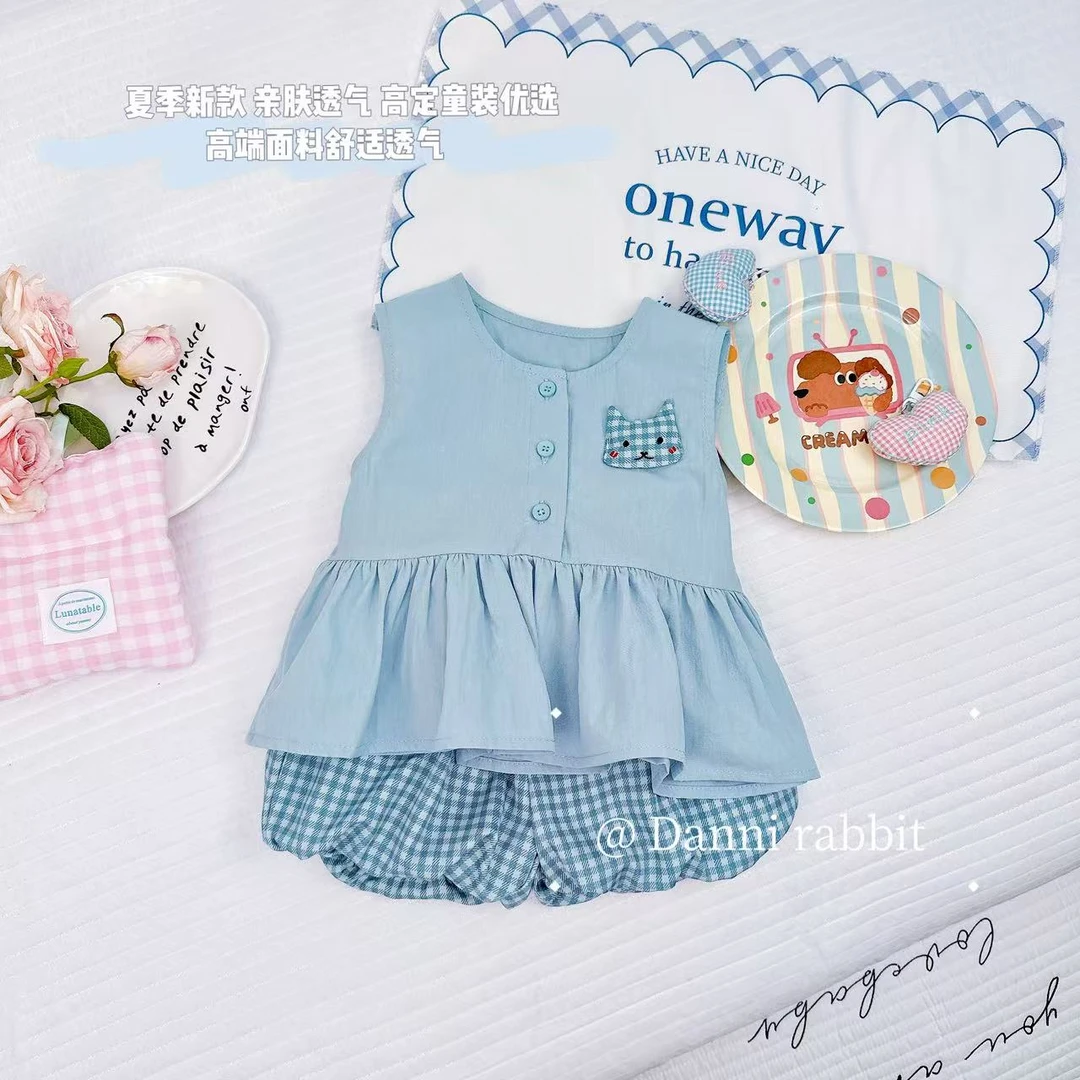 【Dannirabbit】*蓝色娃娃衫+格子花苞裤女童时髦套装 X-7646