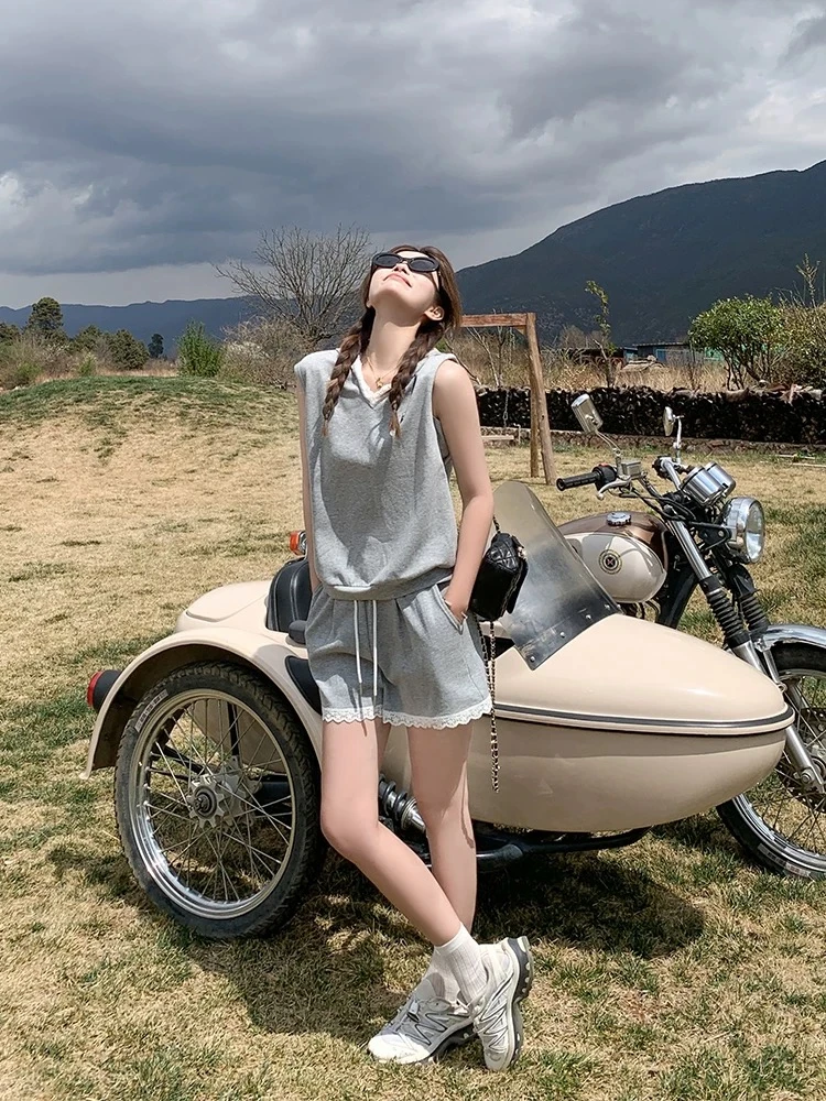 [100]韩系时尚套装显瘦夏季假两件无袖小众上衣百搭减龄高腰