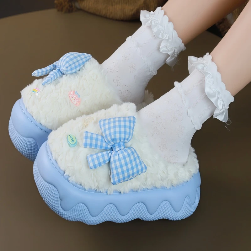棉拖鞋女冬季室内可爱蝴蝶结家居家防滑毛绒绒厚底家用保暖