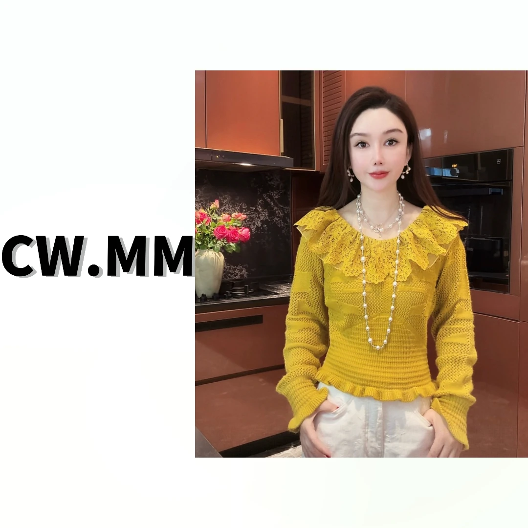 CW.MM 新款法式复古荷叶领钩花收腰长袖上衣