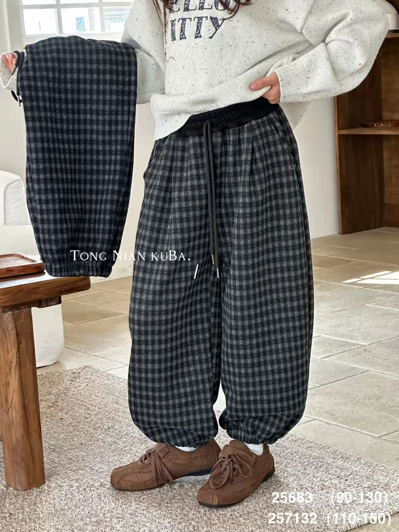 男女童加绒加厚秋冬季中大童洋气时灯笼格子裤松紧保暖束脚裤