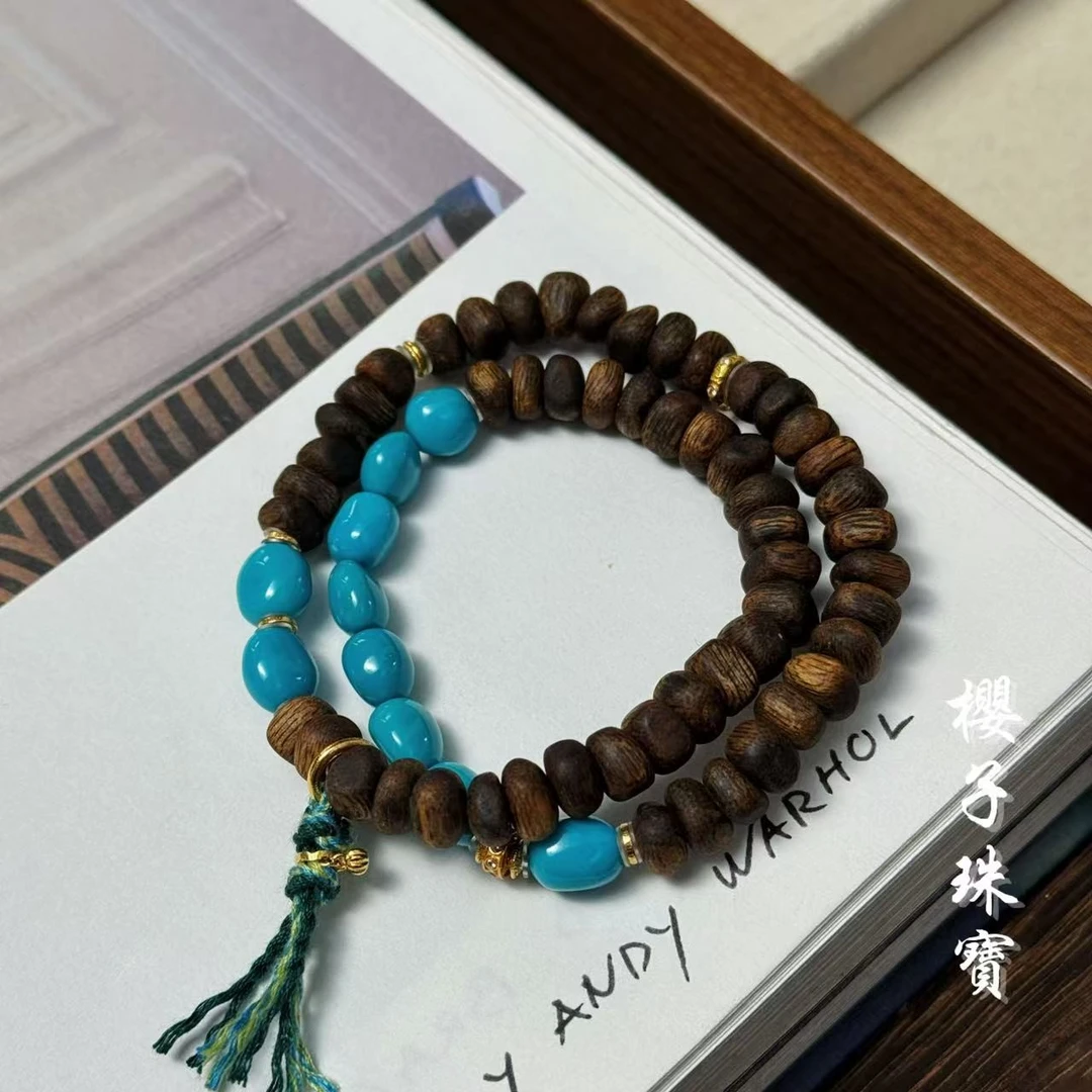 樱子 | 名意 18K金高瓷绿松糖豆沉香时尚设计双圈手串*YZCXS3909