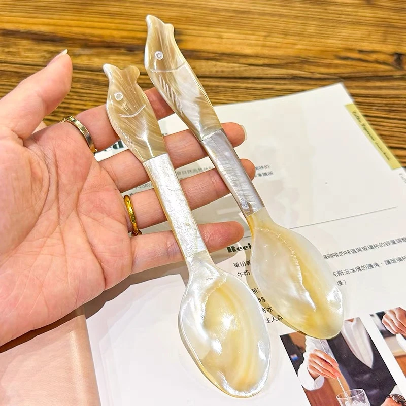 天然贝壳鱼头 勺子饰品一对可爱家用复古创意