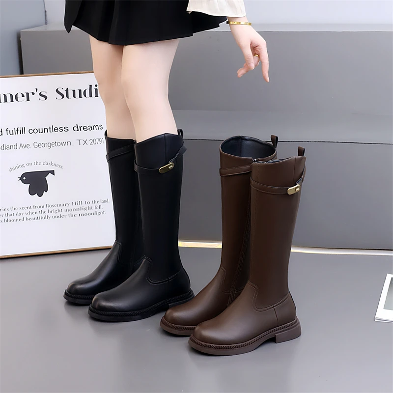 英伦风长筒靴女秋冬季2025新款侧拉链大码加绒瘦瘦靴不过膝骑士靴
