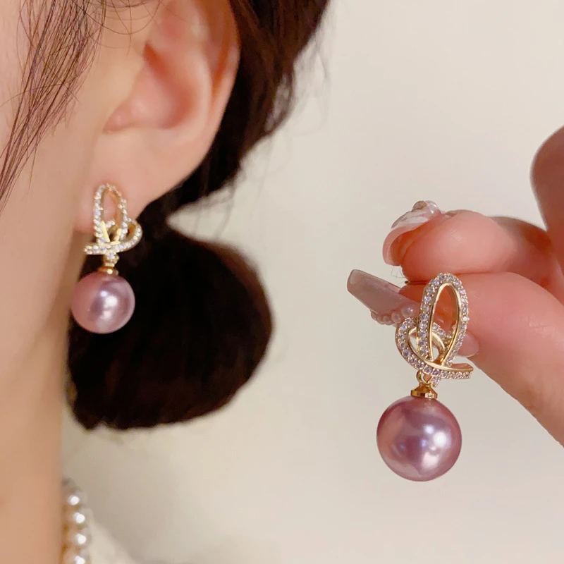 铜合金锆石耳饰 韩式复古时尚紫色锆石爱心耳坠精致铜合金925银镀