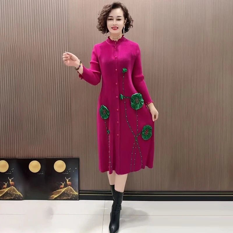 2025春夏新款褶皱连衣裙钉珠立体花中长款百褶裙洋气妈妈减龄裙子