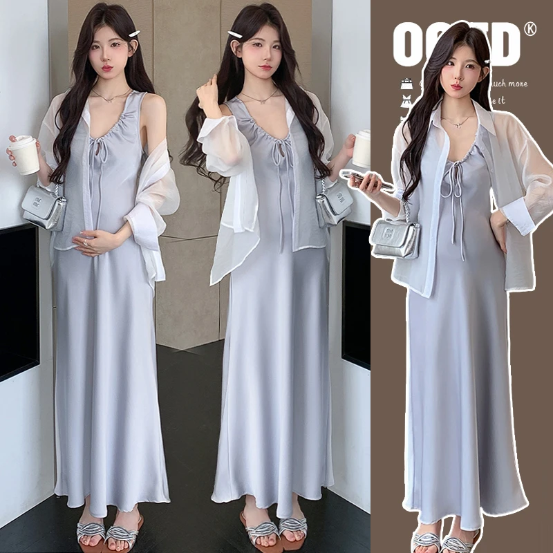 【安安】孕妇装夏季防晒开衫+缎面背心裙子减龄气质孕妇连衣裙夏装