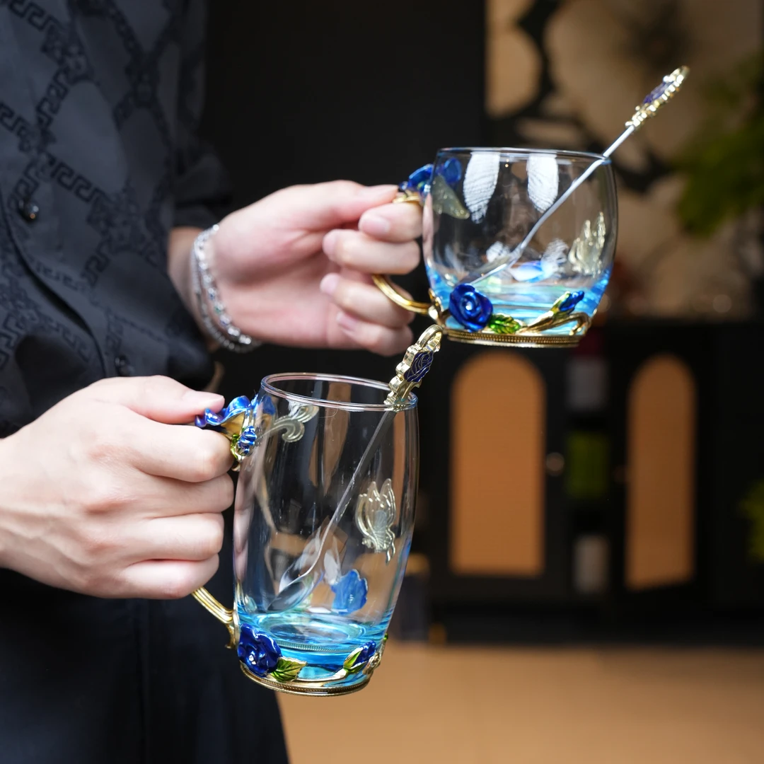 蓝色玫瑰手工掐丝珐琅彩对杯高硼硅花茶杯