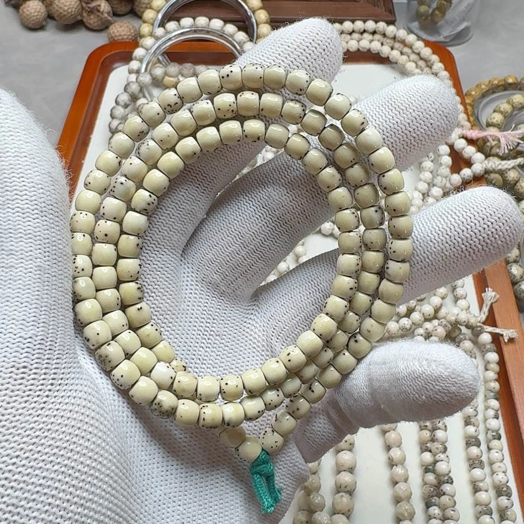 手串星月菩提石玉料6/5鼓珠无月瓷白玉化料通体留白小细星多圈