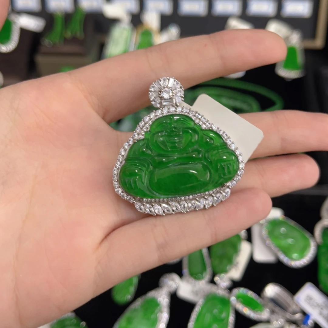 翡翠银S925镶嵌戒指佛公吊坠