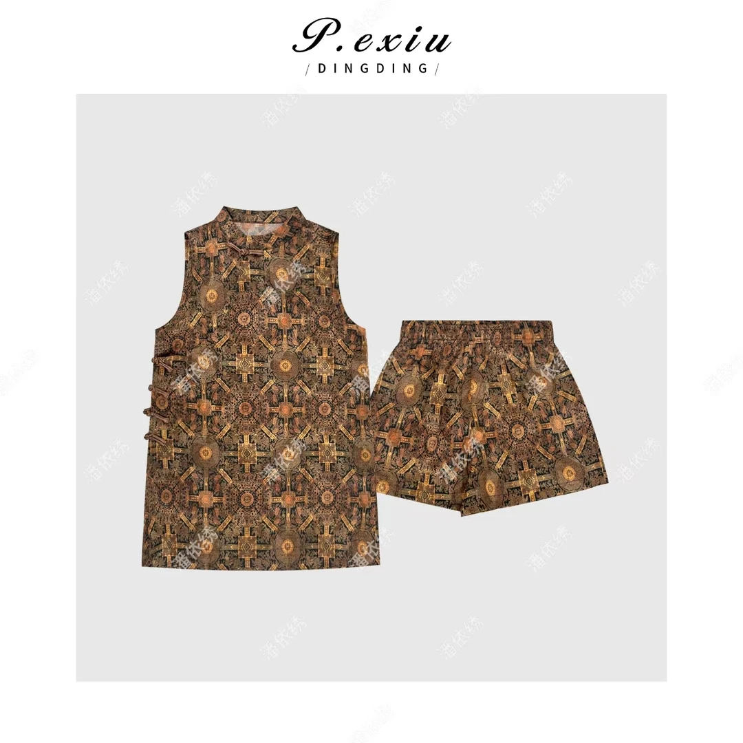 复古国风盘扣无袖上衣短裤套装 M8865