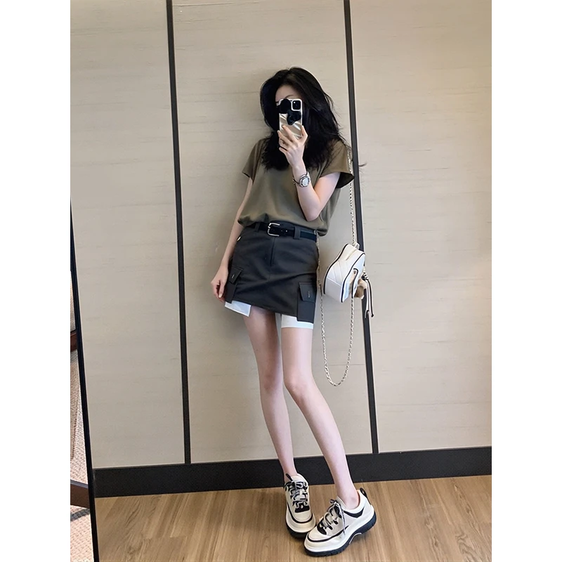 松弛感正肩T恤工装短裙2025新款上衣半身裙两件套穿搭一整套夏季