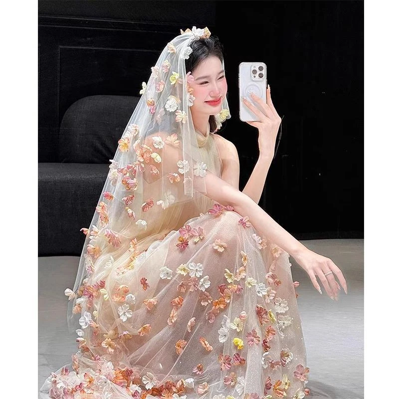 绝美超仙气晨袍女新款高级感法式甜美花朵新娘晨拍订婚礼服裙dz