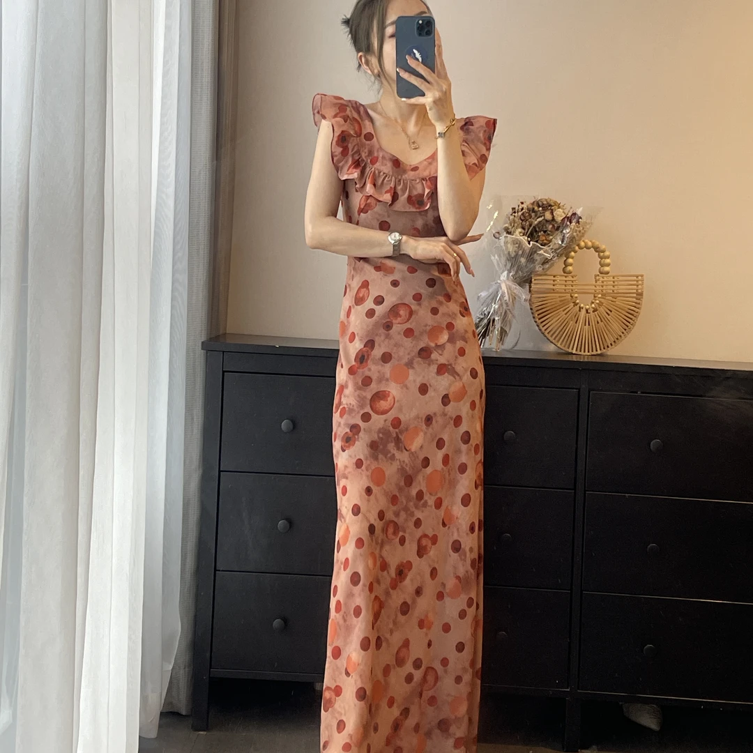 B1161珍珠奶茶连衣裙显瘦气质夏季复古法式修身小众