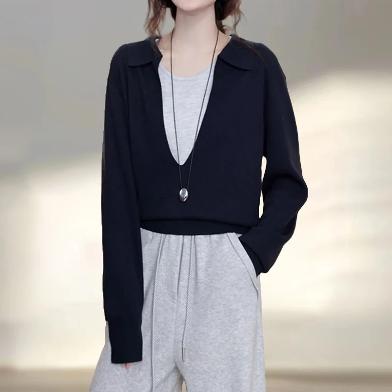 韩版慵懒风拼接假两件polo针织衫女早秋时髦减龄显瘦遮肉套头上衣