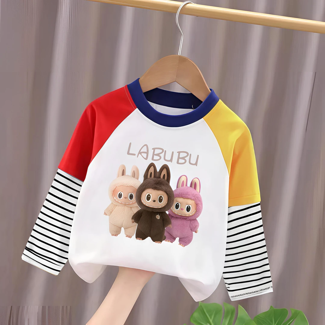 2025年童装拉布布圆领儿童长袖春秋薄款男童女童趣味卡通印花上衣