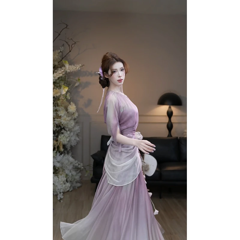 彼得潘大叔《九重紫》大领口系带修腰斜下摆上衣弹力腰压褶半身裙