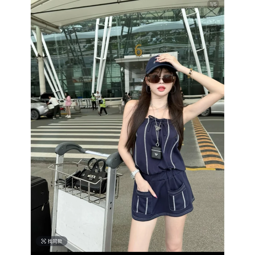 十一家原创设计感抽绳松紧抹胸连衣裙女条纹收腰显瘦短裙