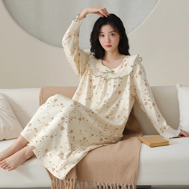 新款春秋女士长袖睡裙拉架棉甜美蕾丝拼接风舒适大码可外穿家居服