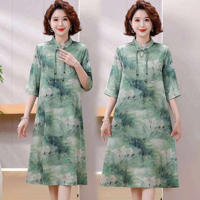妈妈夏季洋气裙子中年女装夏装2025新款中老年气质短袖雪纺连衣裙