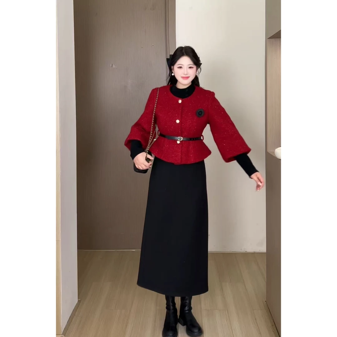 【红玫瑰】观与胖MM法式轻奢复古小香风外套+半裙套装 DM35839