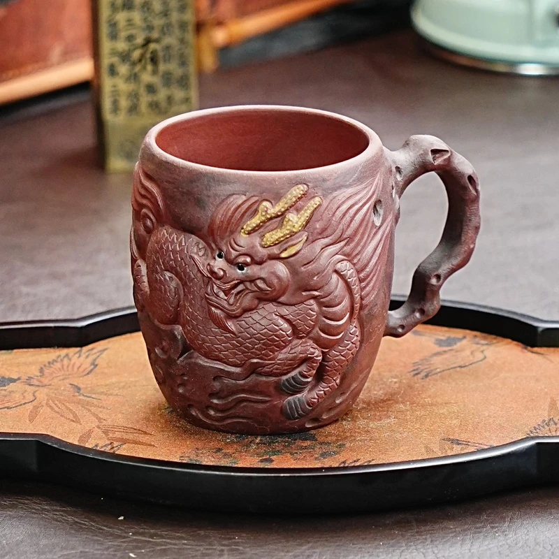 【2909麒麟把杯】宜兴原矿紫砂手工泥绘麒麟异形杯 主人杯
