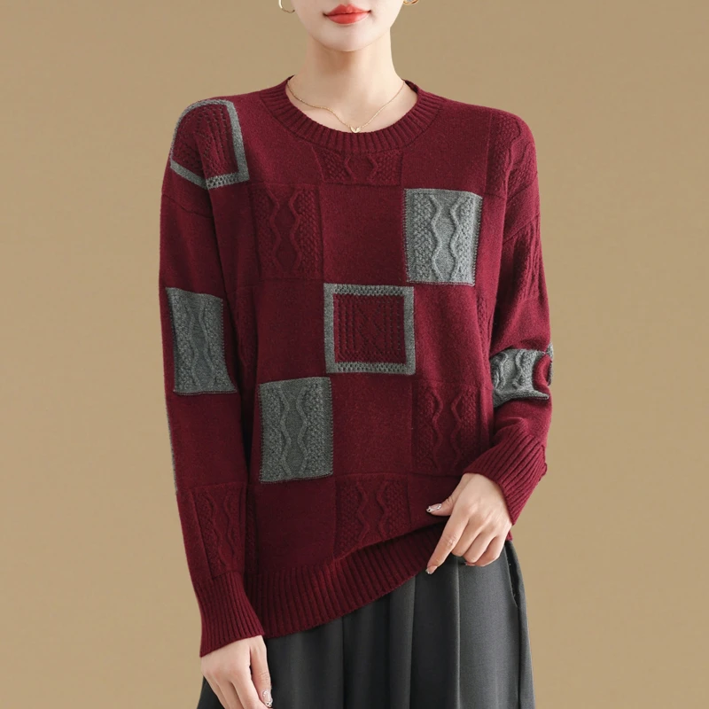 秋冬新款圆领撞色洋气毛衣女套头宽松大码针织打底衫复古内搭上衣