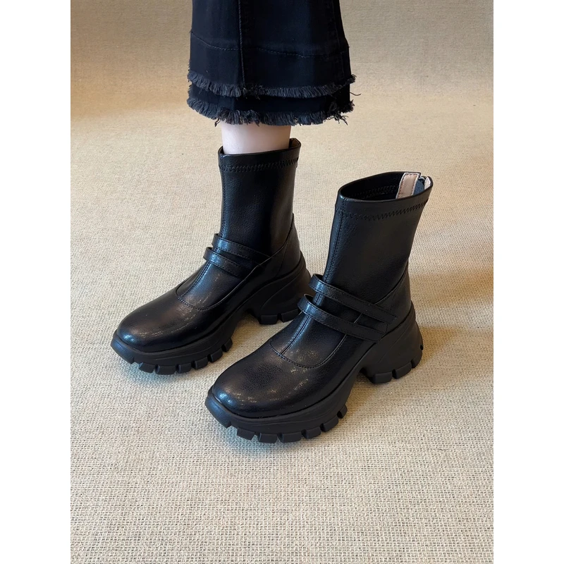 nnmiss·34-40/6cm舒适增高运动风厚底弹力瘦瘦靴百搭复古双带短靴