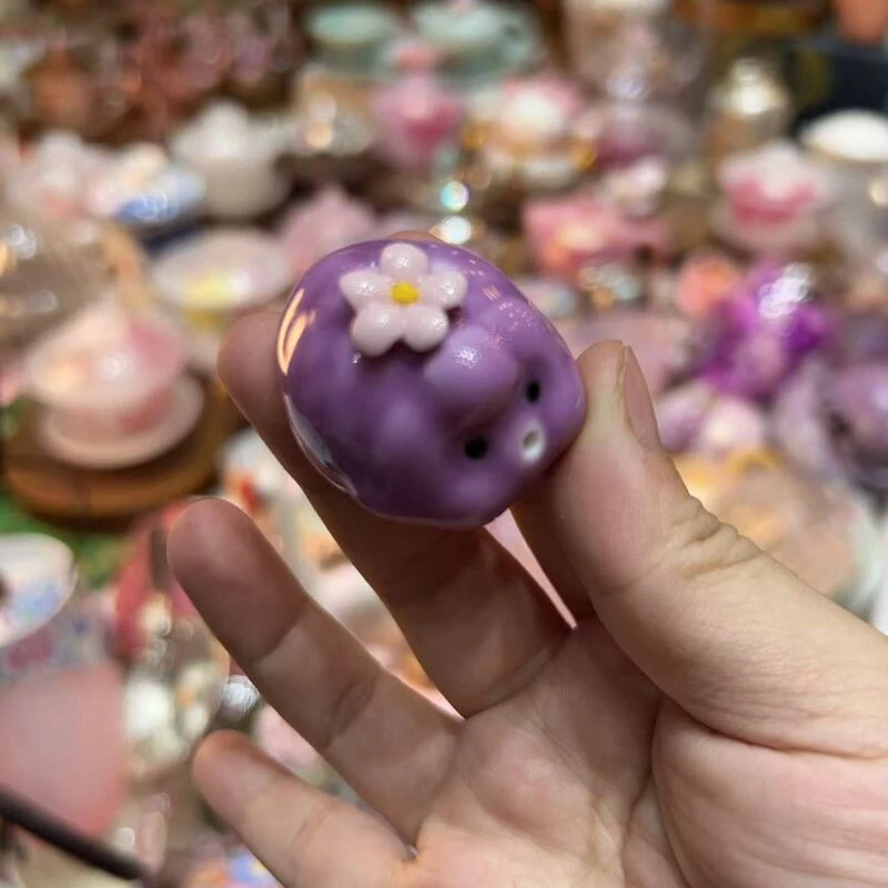 陶瓷紫色泡泡鱼摆件家用手工捏花创意可爱小清新茶宠+一管