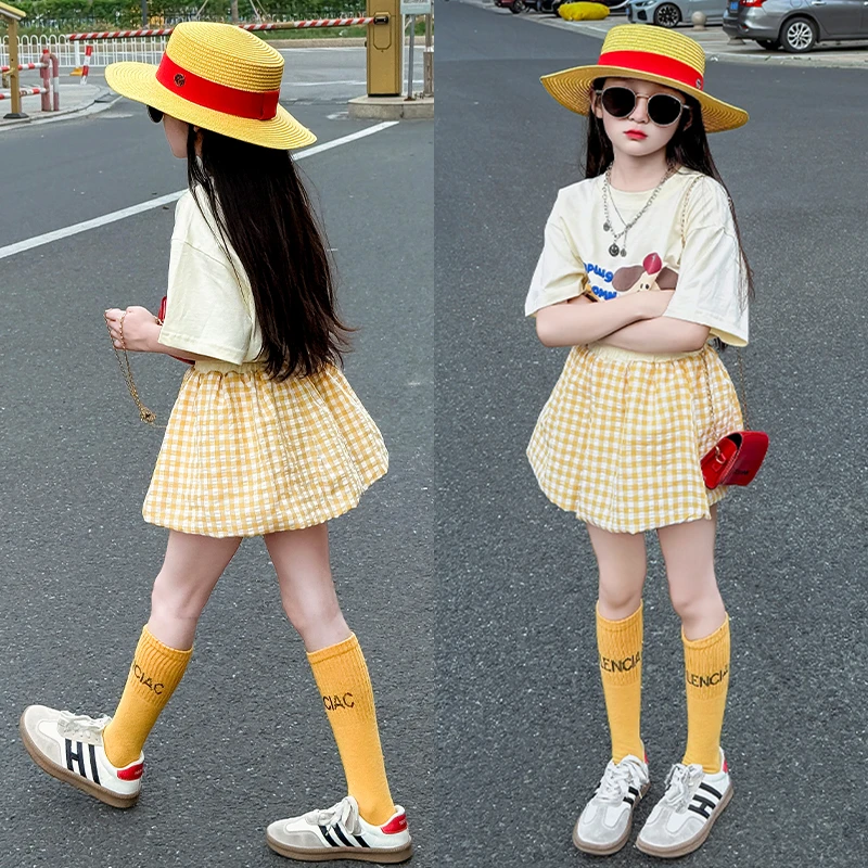 女童2025夏新款儿童韩系卡通刺绣短袖T恤女童洋气格子半身裙套装