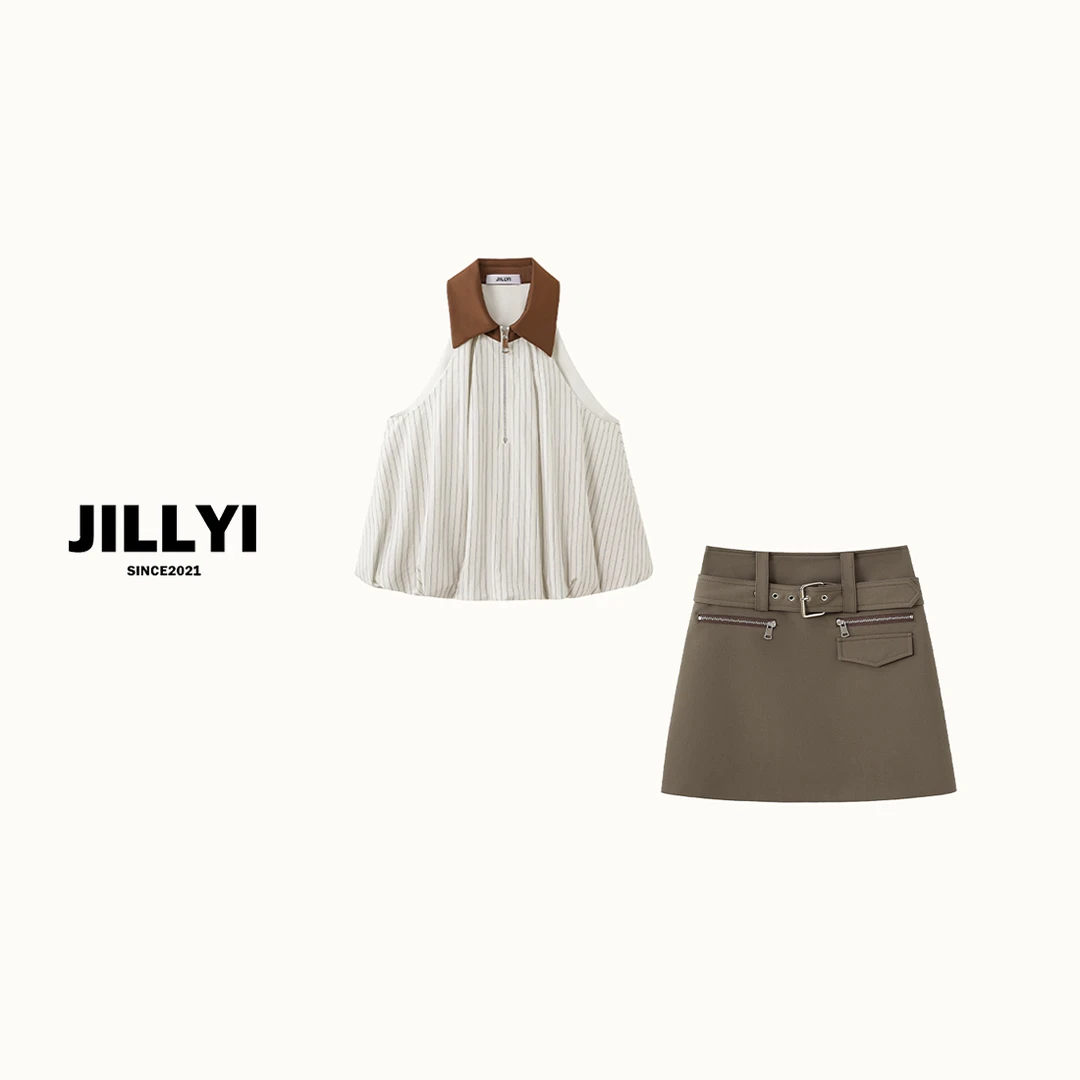 JILLYI南山店【条纹大小姐+绸缎棕】夏季条纹洋气T恤+A字复古高腰半