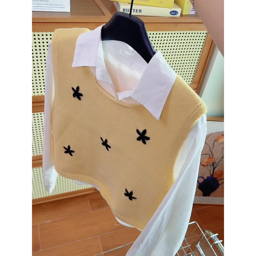 十三行韩系甜美刺绣花朵针织马甲衬衫女秋冬设计感显瘦百搭两件套