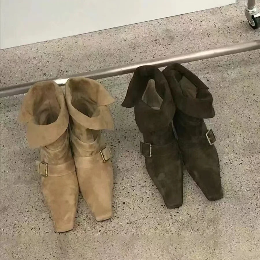 真皮绒面复古小方头两穿马丁靴翻折粗跟皮带扣中筒靴女秋冬季短靴